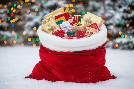 Red Santa bag overflowing with wrapped Christmas gifts and toys, set in a snowy landscape. AI generated.の素材