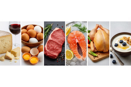 Various protein-rich foods including cheese, salmon, eggs, chicken, red meat, and yogurt, highlighting diverse sources of protein in a balanced diet. AI generated.の素材
