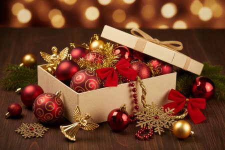 Decorative red and gold Christmas ornaments fill an open wooden box. AI generated.の素材