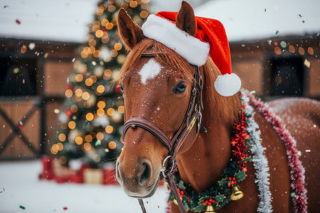 Festive horse adorned with a Santa hat and Christmas garland stands in front of a decorated barn in a snowy landscape. AI generated.の素材