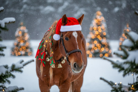 Festive horse adorned with a Santa hat and Christmas garland stands in front of a decorated barn in a snowy landscape. AI generated.の素材