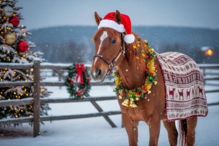 Festive horse adorned with a Santa hat and Christmas garland stands in front of a decorated barn in a snowy landscape. AI generated.の素材