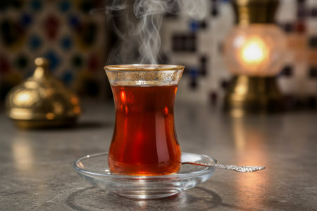 Steaming Turkish tea served in a traditional glass on a table. Golden intricate patterns adorn the glass, enhancing its elegance.の素材