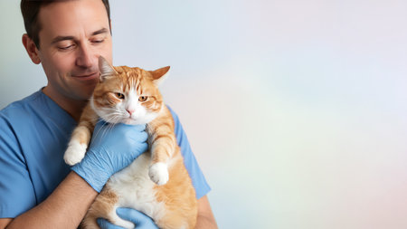 Veterinarian gently holds a calm gray cat during a routine checkup . The professional interaction showcases the vets care and the felines relaxed demeanor.の素材