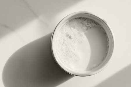 Overhead view of a simple white cup filled with milk, in the shade Cloud Dancer, named color of the year 2026. AI generated.の素材