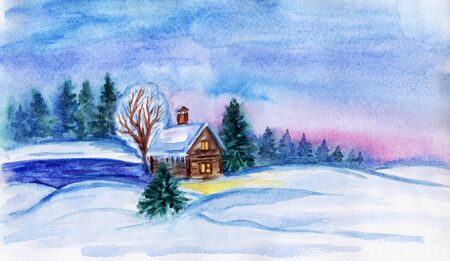 Winter landscape with a house and firs, watercolor painting. New Year's landscape for a postcard.の写真素材