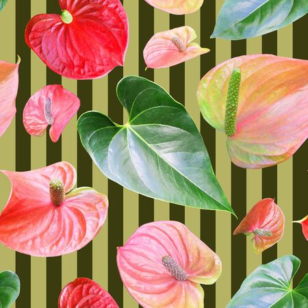 Anthurium seamless pattern on a striped background, photorealistic collage, print for fabric, background for various designs.の写真素材