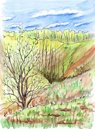 Spring landscape, hand drawing with watercolor and liner. View of the ravine, sketch. Park Kolomenskoye, Moscow.の写真素材