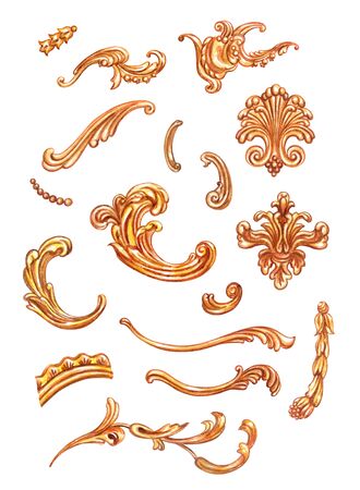 Set of golden baroque patterns, watercolor drawing on white background, isolatedの写真素材