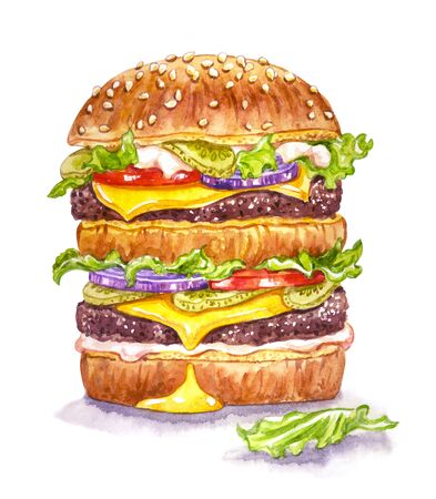 Double burger, watercolor illustration, print for poster, postcard, menu and other designs.の写真素材