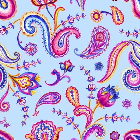 Seamless paisley pattern on light blue background. East ornament, national traditional print, watercolor illustration.の写真素材