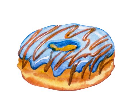 Donut with blue striped glaze, top view watercolor illustration on white background, print for art posters and other designs.の写真素材