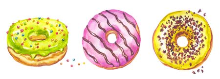Set of multicolored donuts with icing, watercolor drawing on a white background isolated. Print with a sweet dessert for various designs.の写真素材