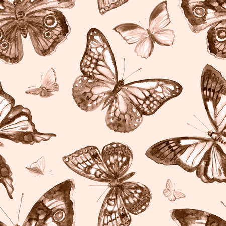 Butterflies seamless pattern in sepia color,の写真素材
