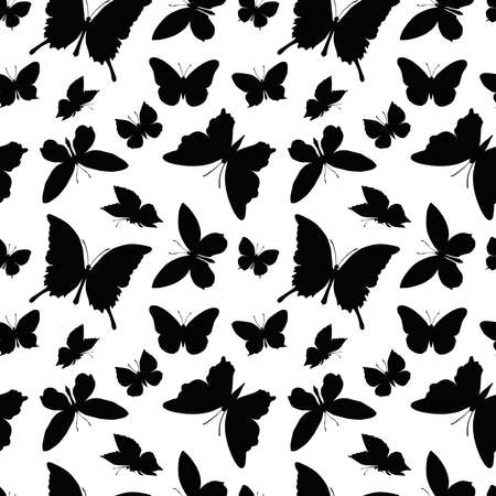 Seamless pattern of black silhouettes of butterflies on a white background, print for fabric, background for various designs, interior decor, etc.の写真素材
