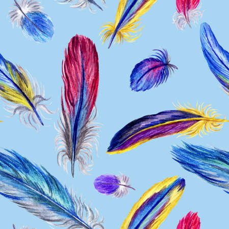 Seamless watercolor pattern of multi-colored bird feathers on a blue background, print for fabric, wrapping paper, wallpaper and other designs.の写真素材