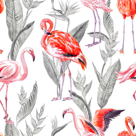 Flamingo seamless pattern on strelitzia tropical plants background, watercolor illustration on white background, tropical print for fabric, wallpaper, wrapping paper, home furnishings decor, etc.の写真素材