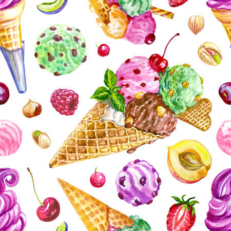 Ice cream and fruit pattern on white background, watercolor illustration with fruits and sweets, print for fabric, wallpaper, wrapping paper, household items, etc.の写真素材