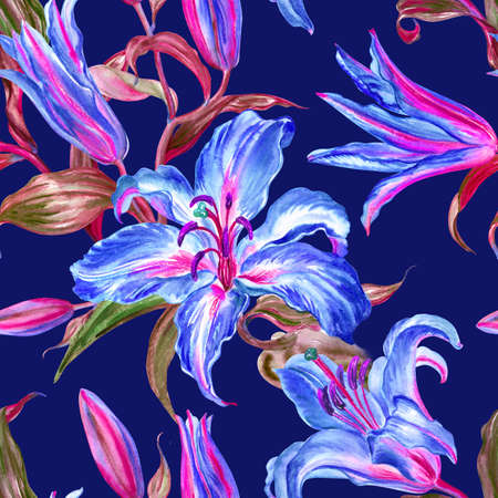 Seamless pattern of blue lilies on a dark blue background, watercolor illustration, print for textiles, wrapping paper, designer backgrounds, etc.の写真素材