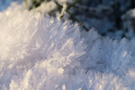 Snow crystals illuminated by the sun, macro photography, selective focus, horizontal orientation.の写真素材