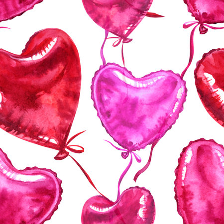 Seamless pattern of red and pink balloons in the form of a heart on a white background, watercolor illustration. Valentine's day print for fabric, wrapping paper, various holiday backgrounds.の写真素材