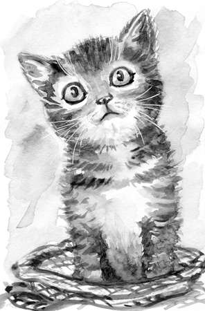 Frightened kitten crawled out of the bag, black and white watercolor illustration. Animalistic drawing for poster, cover, greeting card, book illustration, etc.の写真素材