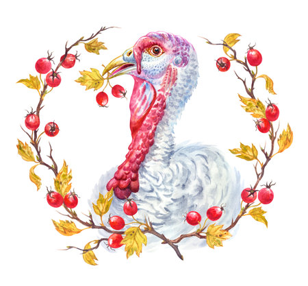Turkey head in hawthorn frame, watercolor illustration on white background, isolated, image for Thanksgiving greeting cards and other designs.の写真素材
