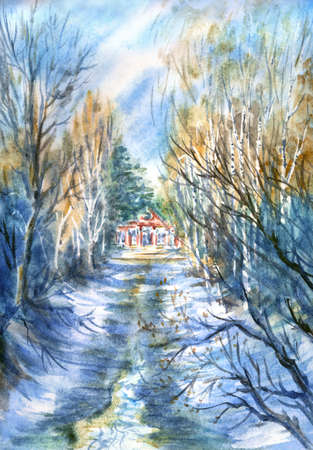 Watercolor landscape with last snow, trees and path in the park leading to the pavilion in early spring, print for poster, book cover, postcard, etc.の写真素材