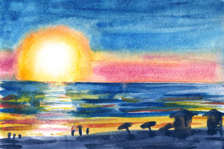 Bright colorful landscape of the sea beach at sunset, watercolor illustration, print for poster, cover, postcard and other product designs.の写真素材