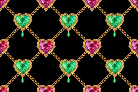 Seamless pattern of brooches in the form of hearts and gold chains on a black background, watercolor illustration, print for fabric and other surfaces.の写真素材