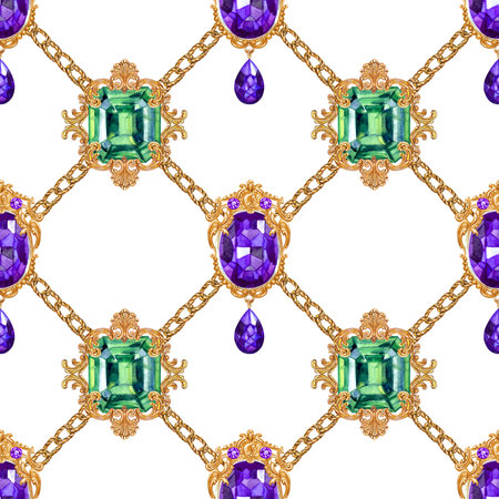 Seamless pattern of brooches and chains arranged in rhombuses on a white background, watercolor print for fabric and other surfacesの写真素材
