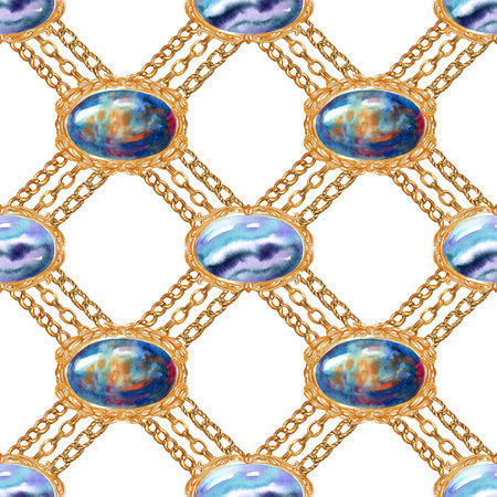 Seamless pattern of brooches and chains arranged in rhombuses on a white background, watercolor illustration, print for fabrics and other surfaces.の写真素材