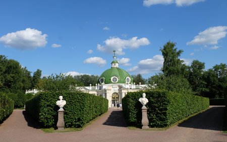 Moscow, Russia - 06.21.2023: Kuskovo estate, alley with park busts. leading to the pavilion Grottoのeditorial素材
