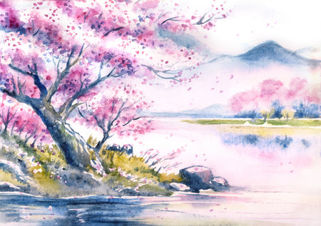 Watercolor landscape with mountains and cherry blossoms over lakes, illustrations for postcards, covers, posters and other printing.の写真素材