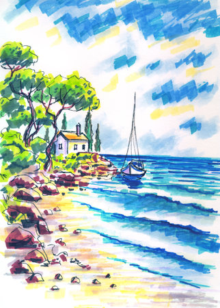 Seascape with pine trees, house and boat, sketch, life drawing, illustration with Mediterranean landscape.の写真素材