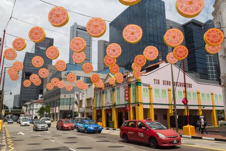 Singapore - January 30, 2015: Decoration for the annual Chinese New Year celebration in the roads of the Chinatown district.のeditorial素材