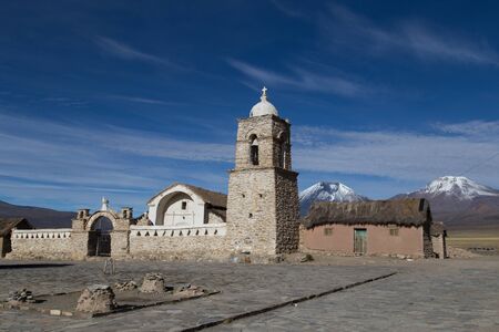 Photograph of the small church in Sajama in the Sajama National Park in Bolivia.の写真素材