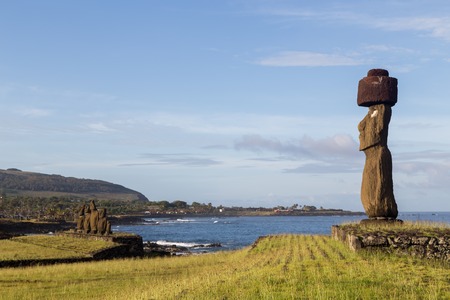 Photograph of the moais at Ahu Tahai on Easter Island in Chile in morning light.の写真素材