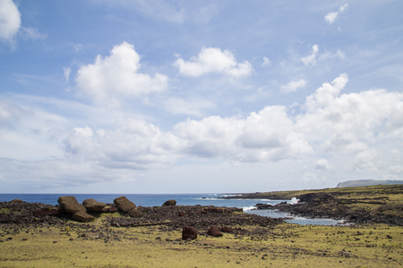 Photograph of the toppled over moais at Akahanga site on Easter Island in Chile.の写真素材