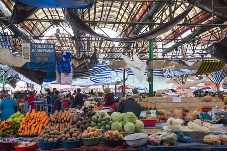 Bishkek, Kyrgyzstan - October 2, 2014: Photograph of the indoor market called Osh Bazar.のeditorial素材