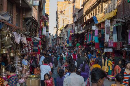 Kathmandu, Nepal - October 16, 2014: Busy shopping street in Thamel district.のeditorial素材