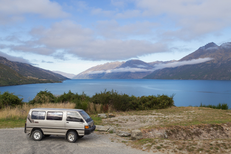 Wye Creek, New Zealand - March 27, 2015: Campervan in front of Lake Wakatipu on the South Island.のeditorial素材