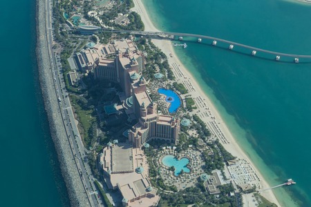 Dubai, United Arab Emirates - October 17, 2014: The famous Atlantis The Palm Hotel on the artificial palm island taken from a seaplane.のeditorial素材