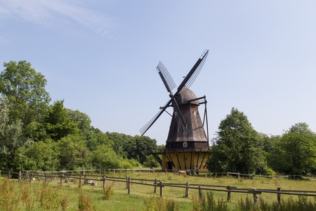 Brede, Denmark - June 23, 2016: The historic Fuglevad windmill in the Frilands Museum.のeditorial素材