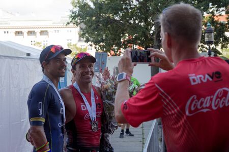 Copenhagen, Denmark - August 21, 2016: The 3rd Fabio Carvalho and the 5th Igor Amorelli in men's after finishing the KMD Ironman Copenhagen 2016のeditorial素材