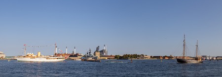 Copenhagen, Denmark - September 14, 2016: Panoramic harbor view with the royal yacht Dannebrog and a sailboatのeditorial素材