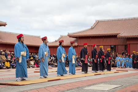 Okinawa, Japan - January 02, 2015: Dressed-up people performing a show for spectators at the traditional New Year celebration at Shuri-jo castleのeditorial素材