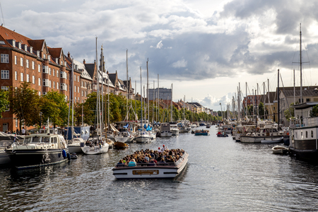 Copenhagen, Denmark - September 02, 2017: Tourist boats and sailboats in famous Christianshavn channelのeditorial素材
