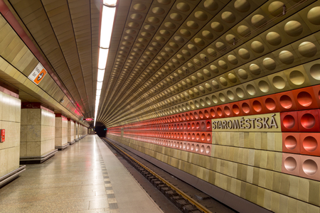 Prague, Czech Republic - March 20, 2017: Interior view of Staromestska metro stationのeditorial素材