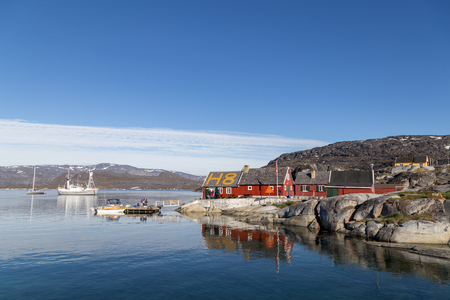 Rodebay, Greenland - July 08, 2018: Resturant H8 in at the small harbor. Rodebay, also known as Oqaatsut is a fishing settlement north of Ilulissat.のeditorial素材